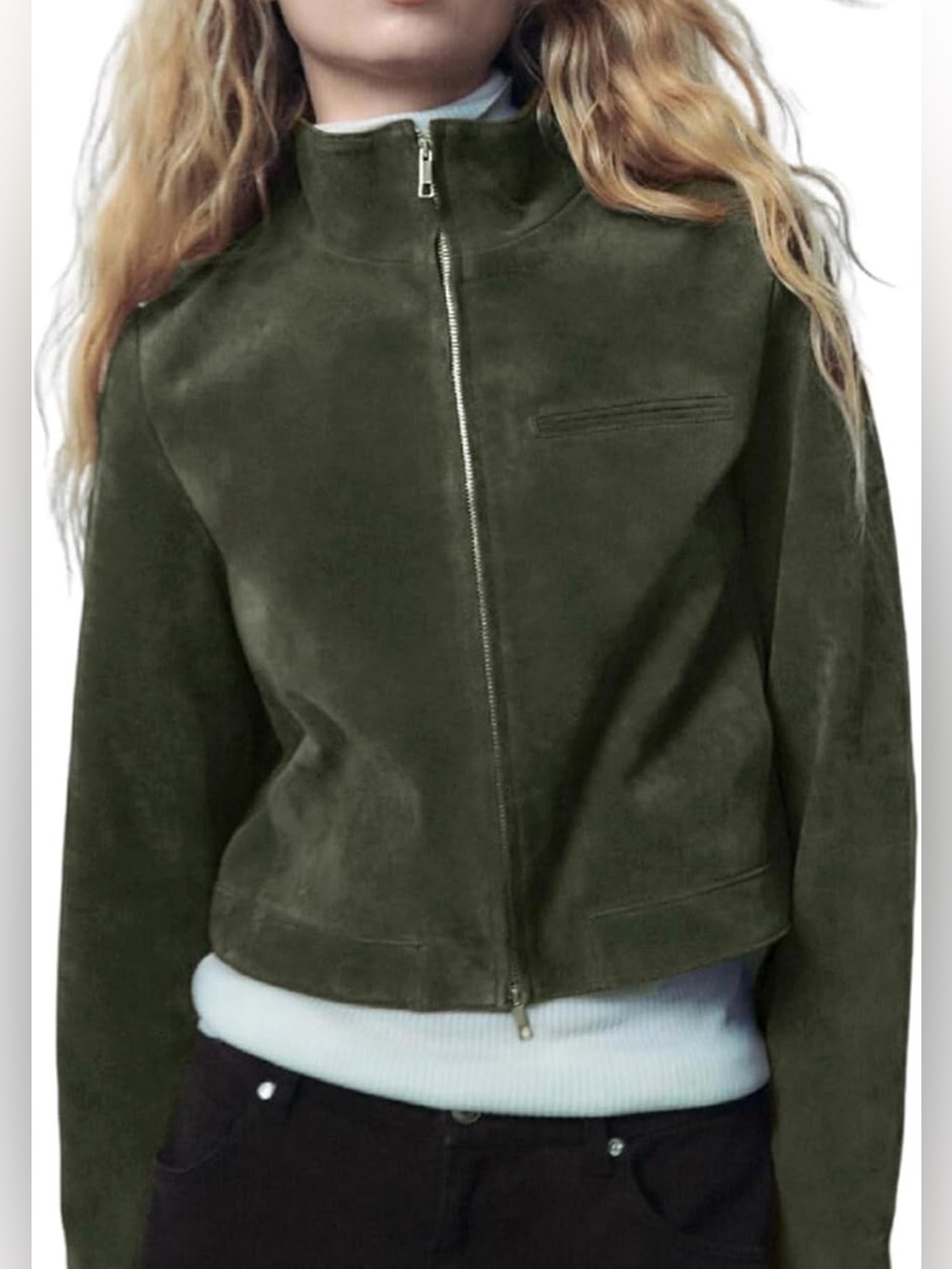 Funnel Neck Olive Green Zip-Front Faux Suede Jacket stylish large NWT